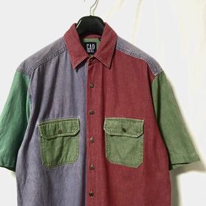 【90s OLD GAP クレイジーパターン 半袖シャツジャケット】ビンテージ ギャップ コットン M 旧タグ