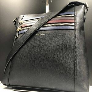 【未使用級】 Paul Smith ポールスミス メンズ ショルダーバッグ サコッシュ ポシェット 斜め掛け マルチストライプ レザー 本革 ブラック