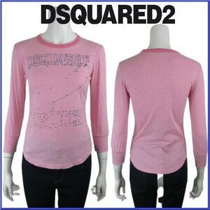 ディースクエアード Tシャツ カットソー ロゴ ダメージ加工 DSQUARED2 トップス ユーズド加工 長袖 クルーネック サイズXS ピンク