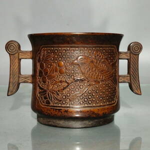 旧藏 中国 大明宣徳年制 紫銅「花鳥紋」の香炉です 時代物 中國美術 賞物 置物 古美術品 ZJM26