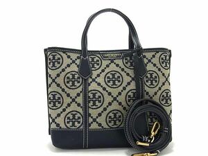 1円 ■新品同様■ TORY BURCH トリーバーチ Tモノグラム キャンバス×レザー 2WAY ハンドバッグ ショルダー 斜め掛け ネイビー系 BL0115