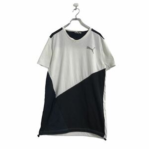 PUMA 半袖 ロゴ Tシャツ M ホワイト ブラック プーマ Vネック 裾絞り スポーツ 古着卸 アメリカ仕入 a508-5710