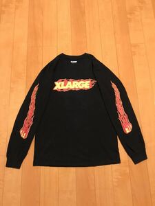 良品☆XLARGE／エクストララージ LOS ANGELES・M 長袖ロングTシャツ/ブラックロンTee 希少袖プリント！正面BIGロゴ&ファイヤーパターン 黒