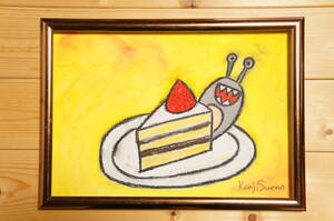 【ケーキとナメクジ】手描き 肉筆 クレヨン画 絵画 A4サイズ 689,Crayon painting, oil pastel painting, original art,なめくじ