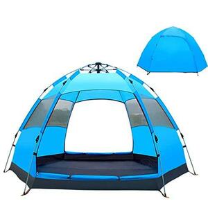 自動開閉テント、4～6人用の六角形の油圧ビッグテント、防雨性と日焼け止めのファミリーキャンプテント、屋外キャンプ用、ブルー