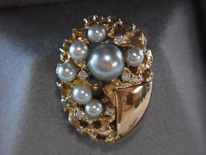 ★K18 18金 ゴールド☆ダイヤモンド x パール 華やかで美しい オーダーメイド デザインリング 指輪 約18.7グラム/USED