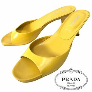 j114 PRADA プラダ レザー ミュール サンダル イエロー 38.5 イタリア製 正規品 シューズ 本革 靴 レディース