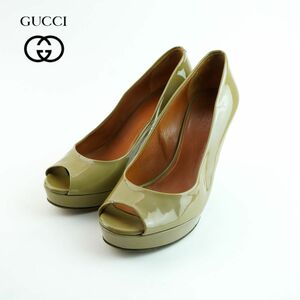 GUCCI グッチ 36 23.0 パンプス イタリア製 ヒール オープントゥ エナメル ベージュ 袋付き/MC128