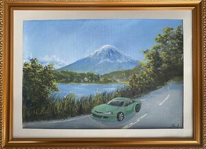 風景画　アクリル画　絵画『春の富士山とS15』富士山　春　シルビアS15