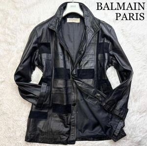 極美品◆幻のXL-XXL!!BALMAIN バルマン【至高の逸品】最高級羊革 極上ラムレザーコート クロコデザイン ロングジャケット ブラック黒メンズ