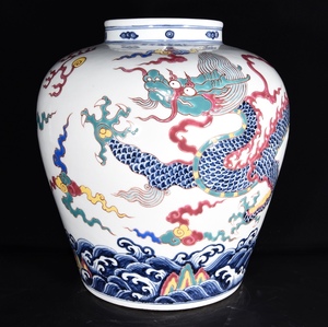 旧蔵 明・宣徳年製・陶瓷品・青花・五彩龍紋缶 陶芸 磁器 稀少珍品 人間國寶 古美術品 古美味 L0326