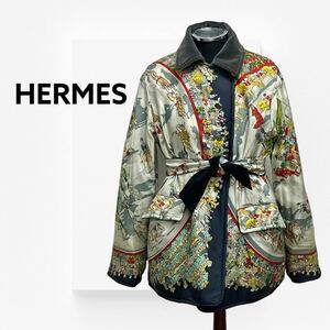 高級 HERMES エルメス ヴィンテージ ウール カシミヤ シルク CIRQUE MOLIER モリエサーカス カレ スカーフ柄 リバーシブル コート