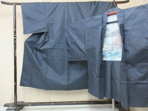 1円 良品 正絹 男性用 アンサンブル 着物 和装 藍泥大島紬 入学 卒業 亀甲 抽象 幾何学 羽裏 高級 袷 身丈136cm 裄68cm【夢職】★★★