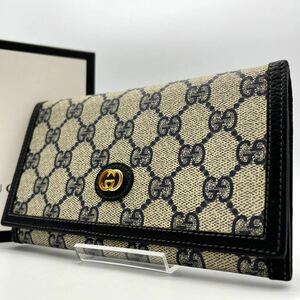 2198入手困難極美品● GUCCI グッチ 長財布 GGスプリーム ゴールド金具 がま口 コイン カード 札入れ PVC レザー ネイビー 本革 ウォレット