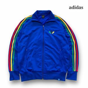【adidas】アディダス トラックジャケット ジャージ レゲエラスタカラー 刺繍ロゴ トレフォイル スリーライン スリーストライプ 青 ブルー