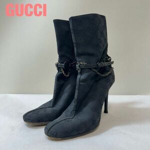 X0009★4 高級 GUCCI グッチ GG 総柄 キャンバス レザー ビットローファー金具 ハイヒール ショート ブーツ ミュール シューズ 靴 黒