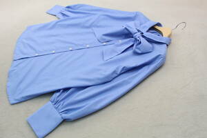 4-1161 新品 ボウタイリボン付きボリューム袖シャツ ブルーＦサイズ