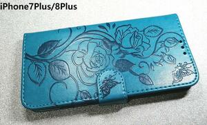 手帳型 iPhone7Plus/8Plus用 ケース 薔薇蝶リーフ ブルー青色