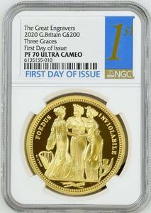 FDI 初日ラベル 2020年 英国 イギリス スリーグレイセス 200ポンド 2オンス プルーフ金貨 NGC PF70 ULTRA CAMEO First Day of Issu