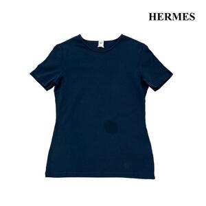 HERMES エルメス Tシャツ カットソー ワンポイントロゴ フランス製 コットン100% 濃紺 ネイビー 半袖 レディース 34 XS