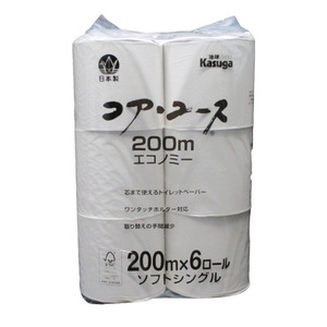 トイレットペーパー シングル 芯なし 再生紙１００％ Kasuga ２００mｘ６ロールｘ３袋セット/卸/送料無料