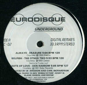 【12”】Eurodisque Underground RC-02 / Erasure / The Other Two / Den Harrow / Gabrielle / Treacherous / F.R. David [Still Sealed]