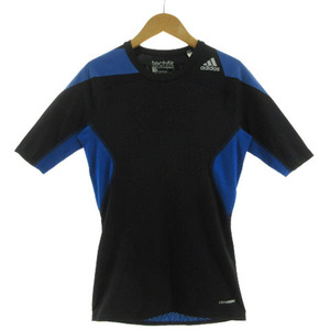 アディダス adidas Tシャツ コンプレッションウェア techfit climacool 丸首 半袖 ロゴプリント 切替え ブラック 黒 ブルー 青 L