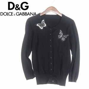 ◆D&G ドルチェ＆ガッバーナ シルク混 カシミヤ レース使い 刺繍 蝶々 バタフライモチーフ ニット カーディガン ブラック M