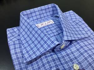 【fil a fil】美品『フィルアフィル・ホリゾンタルカラー ドレスシャツ』メンズ3 ライトブルー・チェック柄 別宅保管 個人出品 