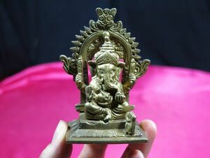 ｃ　古銅光背付きガネーシャ像　インド　金工　/　神像　仏像　ヒンズー教　仏教　御利益