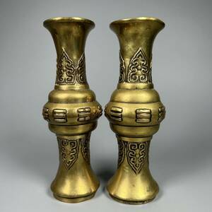 A 銅万字八卦文花觚 花瓶 唐物 中国美術 花入 花器 中国古玩 時代物 銅製 一対 清時代