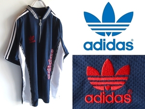 希少 ビンテージ adidas アディダス トレフォイルロゴ刺繍 メッシュジャージー ハーフジップ プルオーバーシャツ L ネイビー ホワイト 紺白