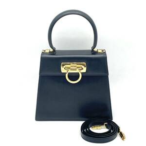 1円 美品 Salvatore Ferragamo フェラガモ ガンチーニ カーフレザー 2way ミニハンドバッグ ショルダー ゴールド金具