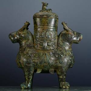 珍藏 中国漢代の青銅双羊尊です 青銅器 時代物 中國古美術 擺件 置物 賞物 唐物 古美術品 DYW31