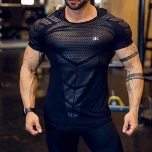 【黒 L】メンズ ドライTシャツ 半袖 トレーニングウェア ジムウェア 加圧 ボディビル フィットネス