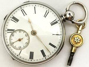 1866年製◆英国ロンドン 鎖引き Fusee ダイヤ受石 銀無垢STERLING 鍵巻き イギリス懐中時計◆