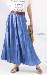 S28 新品　【サイズ・3L】　きれい色王道スカート　ブルー　シワ加工マキシ丈フレアスカート　大きいサイズ　レターパックプラス