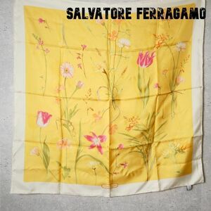 極美品 Salvatore Ferragamo サルヴァトーレフェラガモ 大判 スカーフ ショール 黄 イエロー 花柄 ロゴ シルク100％