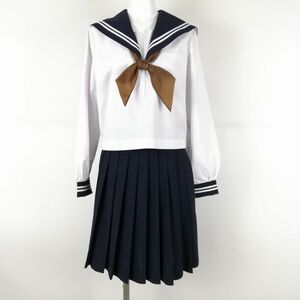 1円 セーラー服 スカート スカーフ 上下3点セット 中間服 白2本線 女子 学生服 中学 高校 白 制服 中古 ランクC NA0645