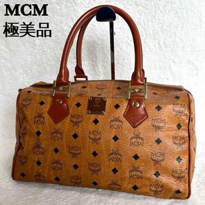 【極美品】MCM　ミニボストンバッグ　ハンドバッグ　オールレザー　ヴィセトス柄　ロゴ金具　ブランドロゴ総柄　ブラウン　入手困難　希少