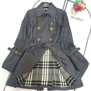 美品★BURBERRY★春～夏前★デニムトレンチコート★金ボタン★ノバチェック 38*M ワンピースジャケット BLUELABELバーバリーブルーレーベル