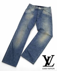 国内正規品 Louis Vuitton シルバーバックル金具 ユーズド加工 デニムパンツ ルイヴィトン バギーパンツ DENIM PANTS インディゴ 40 K-8