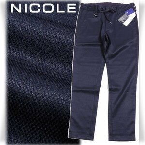 新品1円～★ニコル セレクション NICOLE selection メンズ ストレッチ ストレートパンツ 48 L ネイビー 光沢 織柄 イージーパンツ◆1415◆