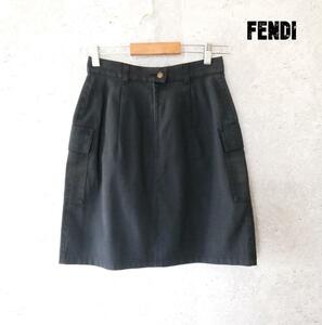 美品 FENDI フェンディ サイズI38 黒 ブラック 膝丈 台形スカート サイドロゴ サイドポケット