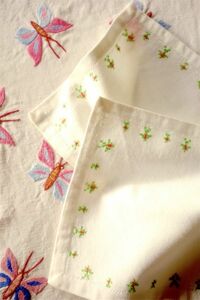 18cm 2枚　フランスアンティーク　手刺繍手縫　薔薇の蕾たち　おとぎ話的ドイリーセット　コースター　刺繍　コットン　ヴィンテージ