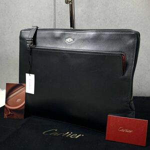 1円 美品/付属品完備 ●Cartier カルティエ メンズ クラッチバッグ セカンド ロゴ金具 ブラック レッド 黒 赤 レザー 本革 A4収納 書類