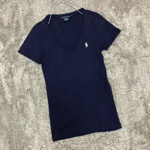 Ralph Lauren ラルフローレン Vネックカットソー 半袖Tシャツ サイズM ネイビー コットン ワンポイント レディース トップス 最落無（C19）