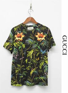 HGB-D326/未使用 GUCCI 半袖Tシャツ カットソー トロピカル 総柄 花柄 鳥 パッチ 現行タグ 爽快コットン XS 緑 黒系 ユニセックス 春夏秋