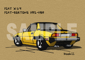 フィアット エックスワンナイン FIAT X1/9 オリジナル手描風イラスト（旧車、BERTONE、ベルトーネ、ミッドシップ、MR）X1/9-B08YL