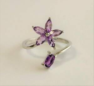 アメジスト フラワー リング オープンリング 指輪 シルバー 925 パワーストーン 2月 誕生石 天然 アメシスト 紫水晶